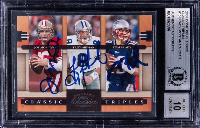 2008 Donruss Tom Brady/Joe Montana/Troy Aikman Multi-Signed Classics Classic Triples #10 card image