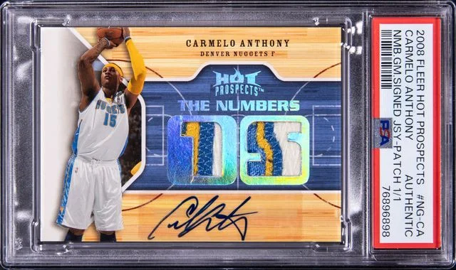 2008 Fleer Hot Prospects Ng-Ca Carmelo Anthony Numbers Game Signed Jersey Patch #1/1 card image