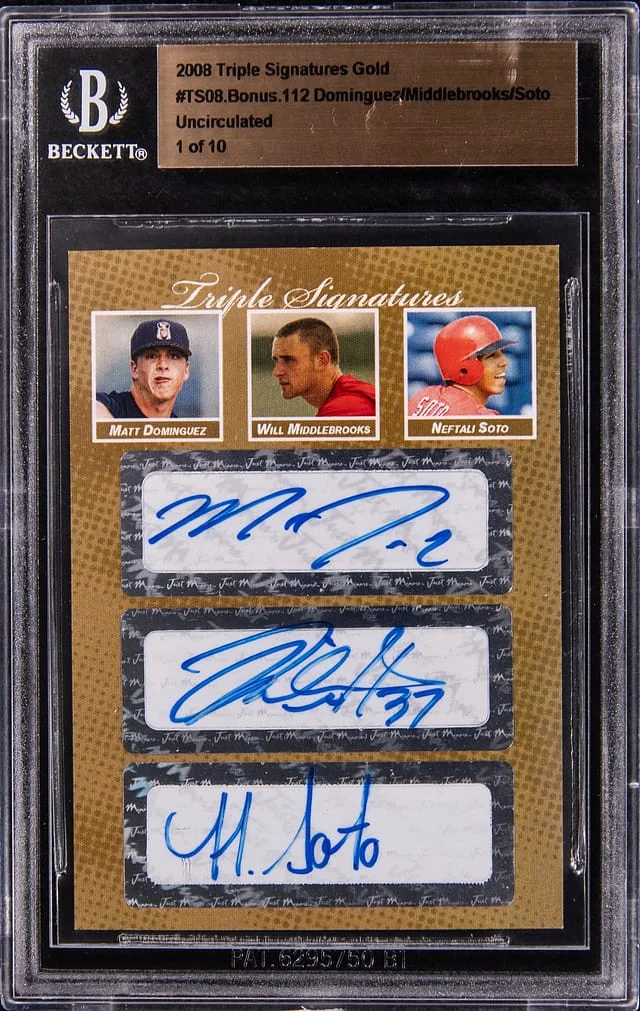 2008 Just Minors Triple Signatures Gold Uncirculated Matt Dominguez, Will Middlebrooks, Neftali Soto Multi-Signed #TSG08.Bonus.112 card image