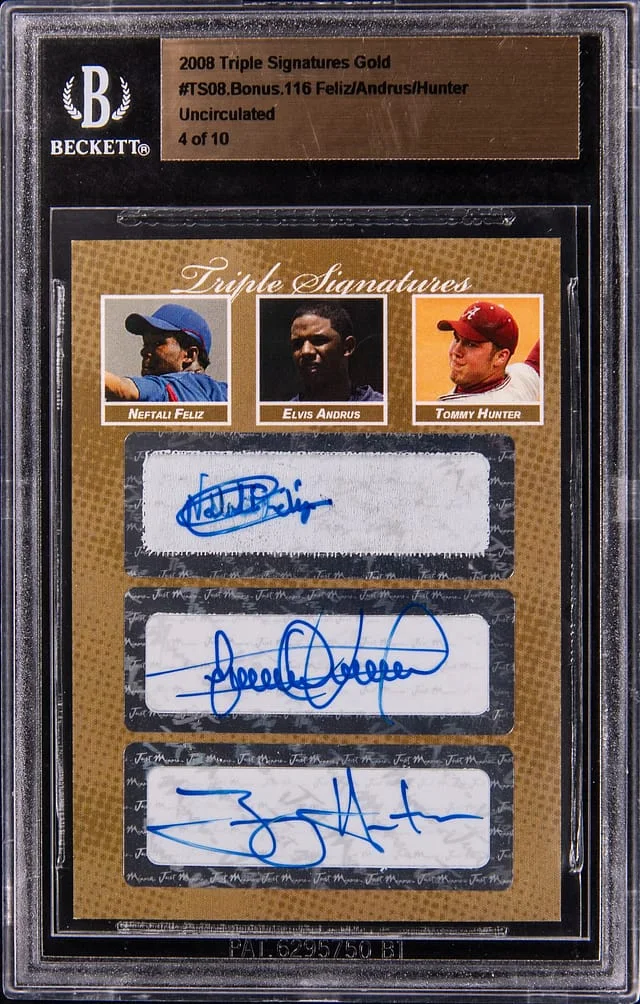 2008 Just Minors Triple Signatures Gold Uncirculated Neftali Feliz, Elvis Andrus, Tommy Hunter Multi-Signed #TSG08.Bonus.116 card image