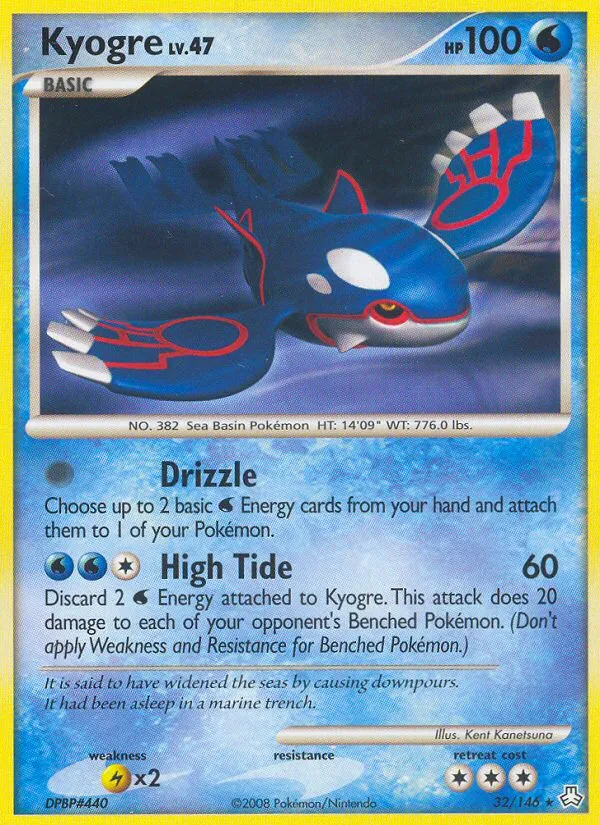 2008 Legends Awakened Kyogre Rare #032/146 Rare card image