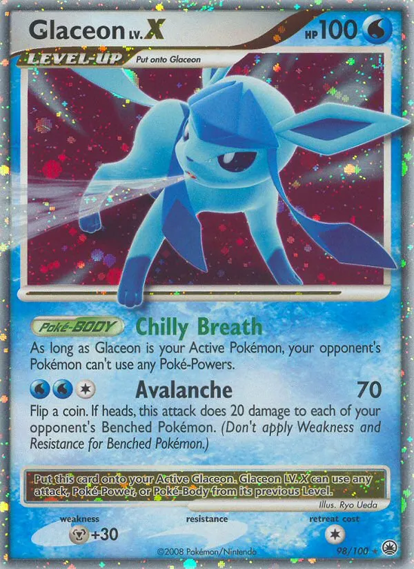 2008 Majestic Dawn Glaceon LV.X Rare Holo LV.X #098/100 Rare Holo LV.X card image