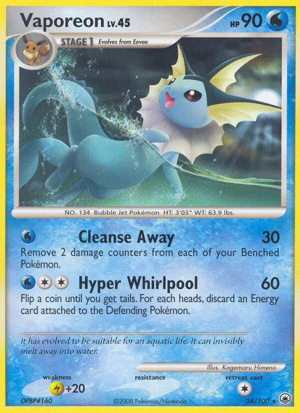 2008 Majestic Dawn Vaporeon Rare #034/100 Rare card image