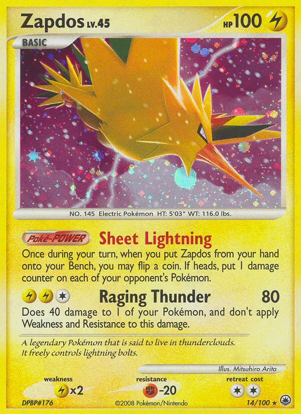 2008 Majestic Dawn Zapdos Rare Holo #014/100 Rare Holo card image