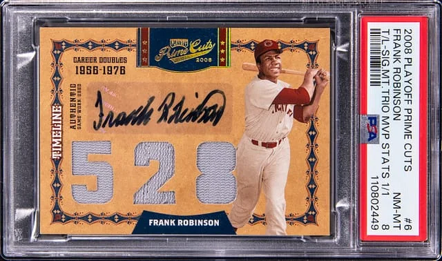 2008 Playoff Prime Cuts Frank Robinson Timeline Signature Material Trio MVP Stats #6 card image