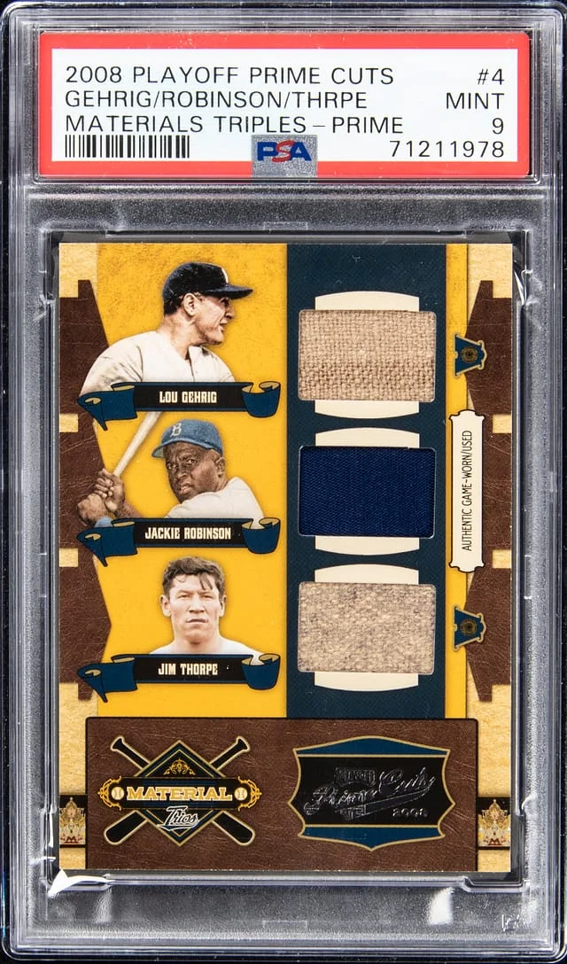 2008 Playoff Prime Cuts Lou Gehrig/Jackie Robinson/Jim Thorpe Materials Triples Prime #4 card image