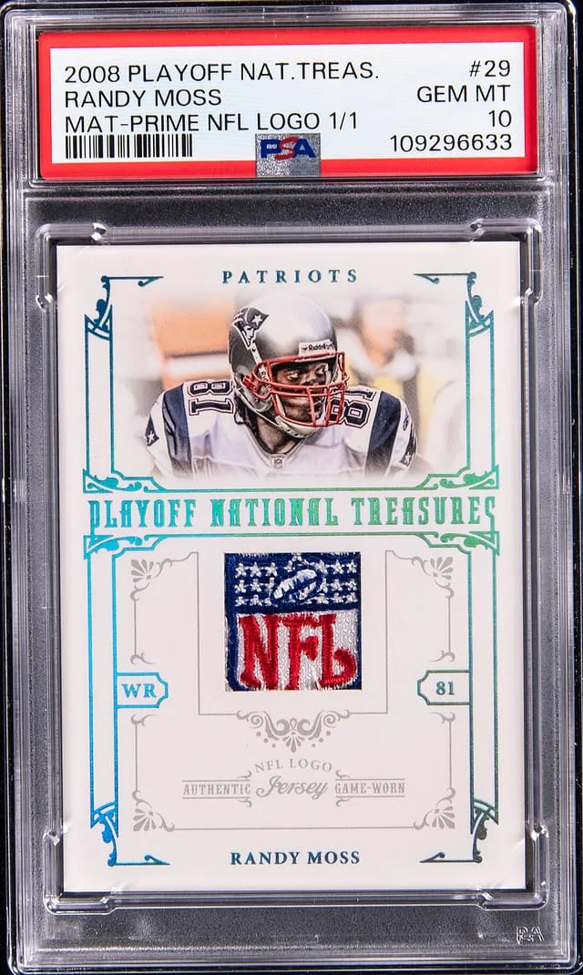 2008 Playoff Randy Moss NFL Shield National Treasures Materials Prime NFL Logo #29 card image