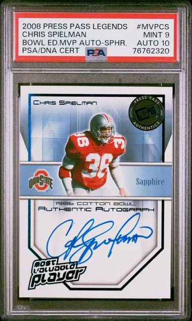 2008 Press Pass Legends Bowl Edition MVP Autographs Sapphire Chris Spielman #MVPCS card image