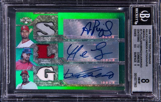 2008 Topps Triple Threads Pujols/Ramirez/Guerrero Multi-Signed Relic Combo Autographs Emerald #2 card image