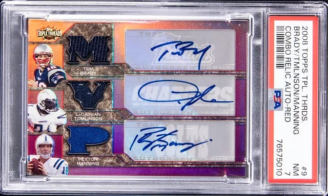 2008 Topps Triple Threads Tom Brady/LaDainian Tomlinson/Peyton Manning Multi-Signed Combo Relic Autographs Red #TTRCA-9 card image