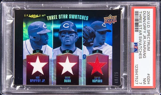 2008 Upper Deck Adam Dunn, Ken griffey Jr, Aaron Harang Spectrum Three Star Swatches #3SS-GDH card image
