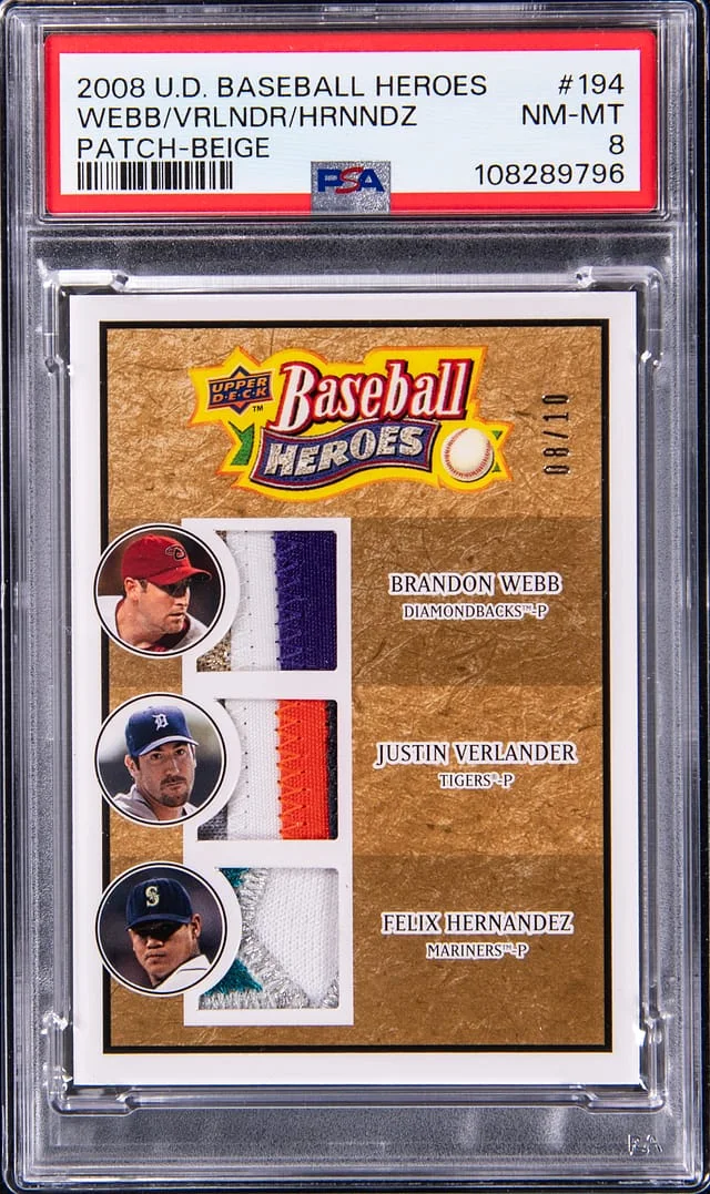 2008 Upper Deck Baseball Brandon Webb/Justin Verlander/Felix Hernandez Heroes Patch Beige #194 card image