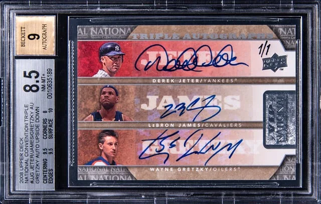2008 Upper Deck Derek Jeter/LeBron James/Wayne Gretzky Multi-Signed National Convention Triple Autograph #NTA-JJG card image