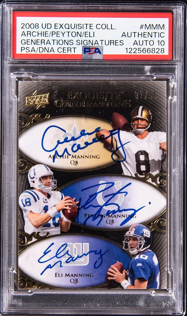 2008 Upper Deck Exquisite Collection Arch Manning/Peyton Manning/Eli manning Multi-Signed Generations Signatures #EGGS-MMM card image