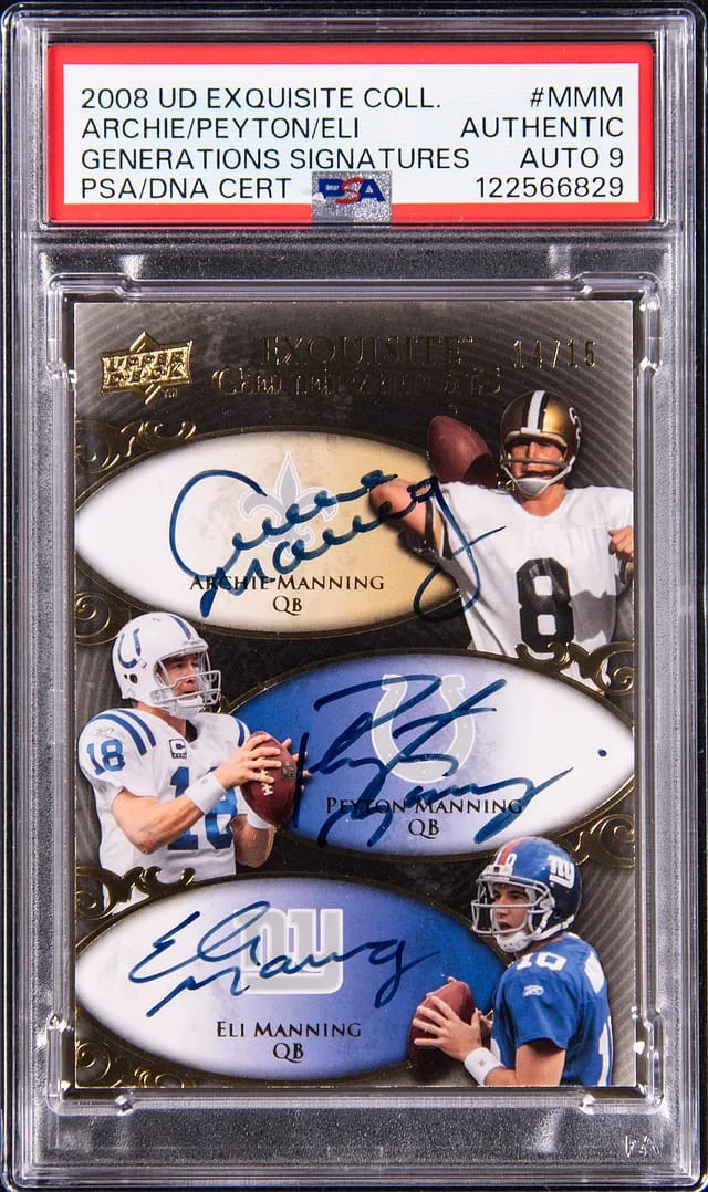 2008 Upper Deck Exquisite Collection Archie Manning/Peyton Manning/Eli Manning Multi-Signed Generations Signatures #EGGS-MMM card image