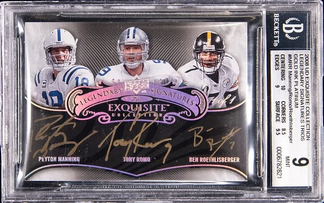2008 Upper Deck Exquisite Collection Peyton Manning/Tony Romo/Ben Roethlisberger Multi-Signed Legendary Signatures Trios Gold Ink Platinum #EGTS-MRR card image