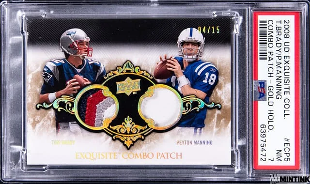 2008 Upper Deck Exquisite Collection Tom Brady/Peyton Manning Combo Patch Gold Holo #ECP-5 card image