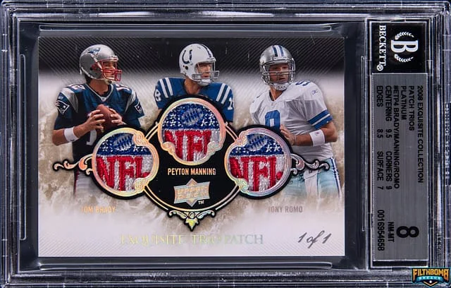 2008 Upper Deck Exquisite Collection Tom Brady/Peyton Manning/Tony Romo Game-Used NFL Shield Patch Trios Platinum #ETP-4 card image