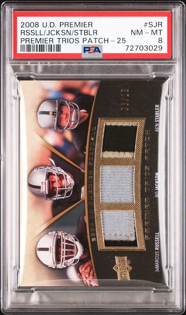 2008 Upper Deck Premier Bo Jackson/JaMarcus Russell/Ken Stabler Trios Patch 25 #SJR card image