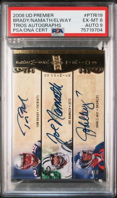2008 Upper Deck Premier Joe Namath/John Elway/Tom Brady Multi-Signed Trios Autographs #PTRI19 card image