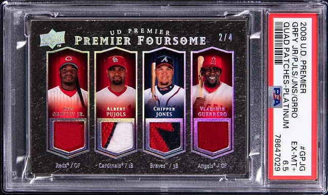 2008 Upper Deck Premier Ken Griffey Jr./Albert Pujols/Chipper Jones/Vladimir Guerrero Multi-Patch Quad Patches Platinum #GPJG card image