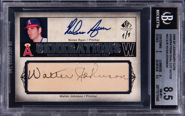 2008 Upper Deck SP Legendary Cuts Nolan Ryan/Walter Johnson Generations Dual Cut Autographs #GCS-JR card image