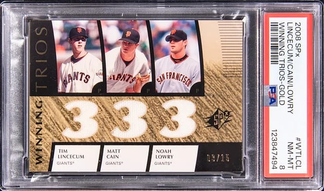 2008 Upper Deck SPx Time Licecum, Matt Cain, Noah Lowry Winning Trios Gold #WT-LCL card image