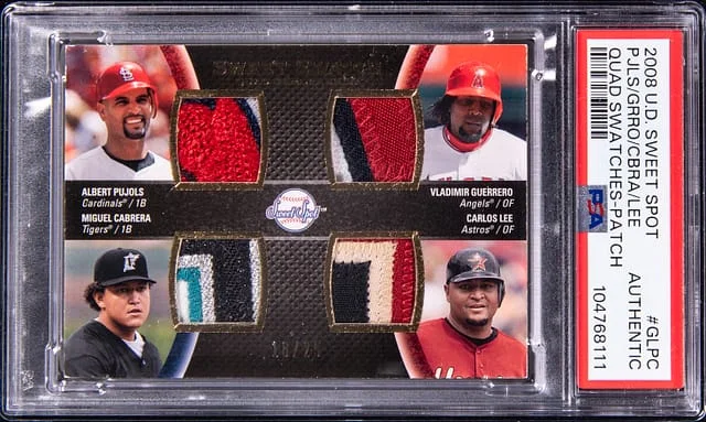 2008 Upper Deck Sweet Spot Albert Pujols/Miguel Cabrera/Vladimir Guerrero/Carlos Lee Game-Used Quad Swatches Patch #QS-GLPC card image
