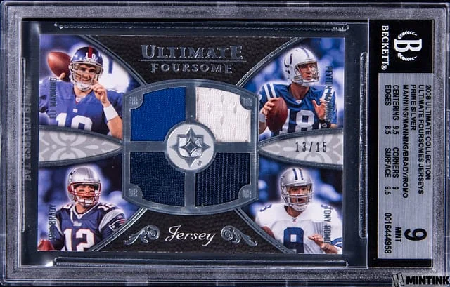 2008 Upper Deck Ultimate Collection Eli Manning/Peyton Manning/Tom Brady/Tony Romo Ultimate Foursomes Jerseys Prime Silver #UFJ-9 card image