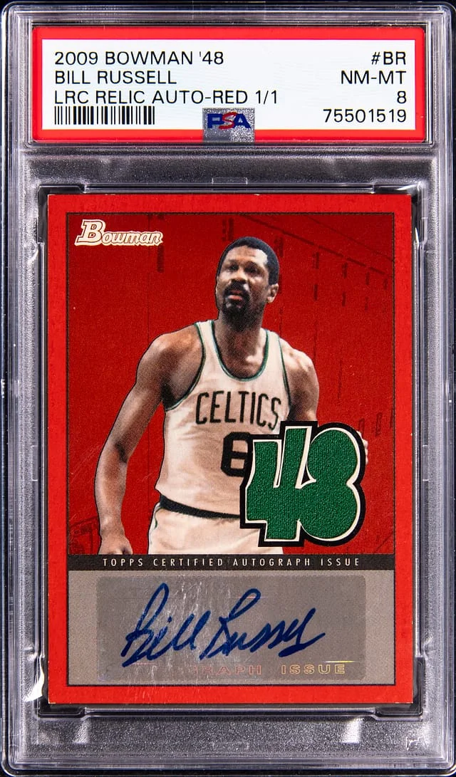 2009-10 Bowman Bill Russell 48 Locker Room Collection Relic Autograph Red #LRCAR-BR card image