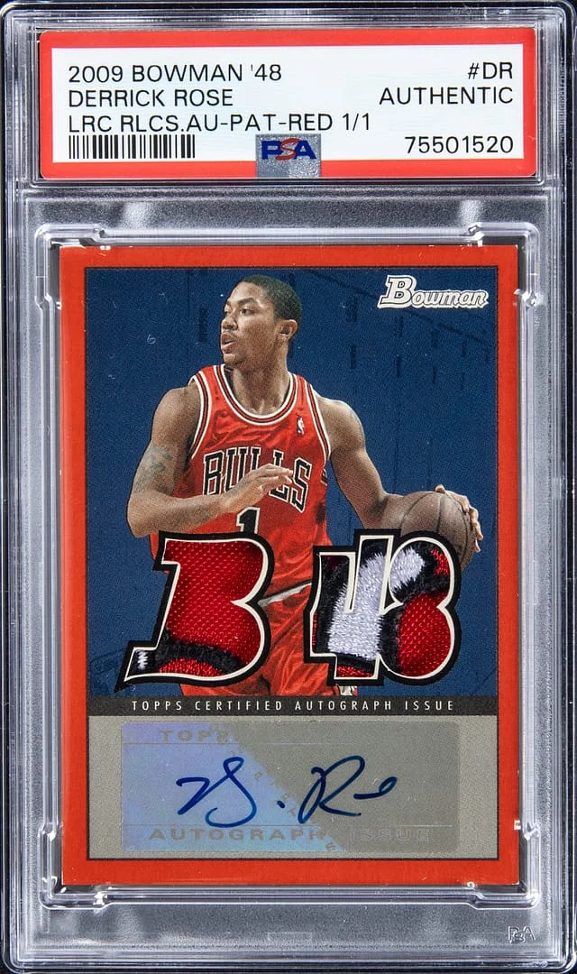 2009-10 Bowman Derrick Rose 48 Locker Room Collection Autograph Dual Relic Patch Red #LRCAP-DR card image