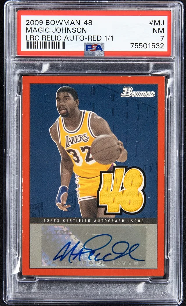2009-10 Bowman Magic Johnson 48 Locker Room Collection Relic Autograph Red #LRCAR-MJ card image