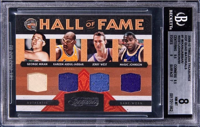 2009-10 Panini George Mikan/Kareem Abdul-Jabbar/Jerry West/Magic Johnson Quad-Relic Timeless Treasures Hall of Fame Quad Materials #1 card image