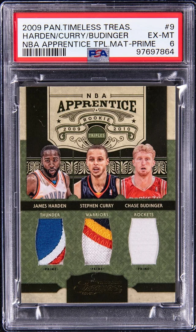 2009-10 Panini James Harden/Stephen Curry/Chase Budinger Timeless Treasures NBA Apprentice Triple Materials Prime #9 card image