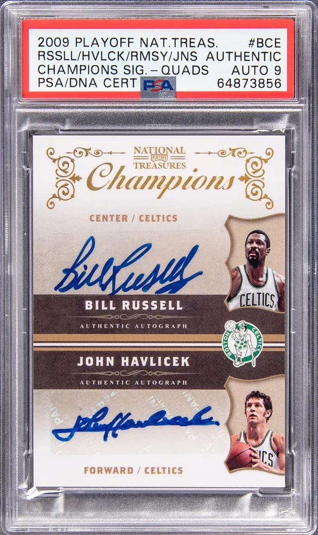 2009-10 Panini Playoff Bill Russel/John Havlicek/Frank Ramsey/K.C. Jones Multi-Signed National Treasures Champions Signatures Quad #BCE card image
