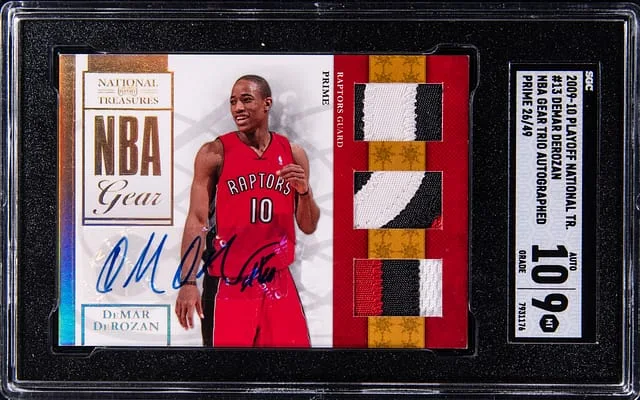 2009-10 Panini Playoff Demar DeRozan National Treasures NBA Gear Trio Autograph Prime #13 card image