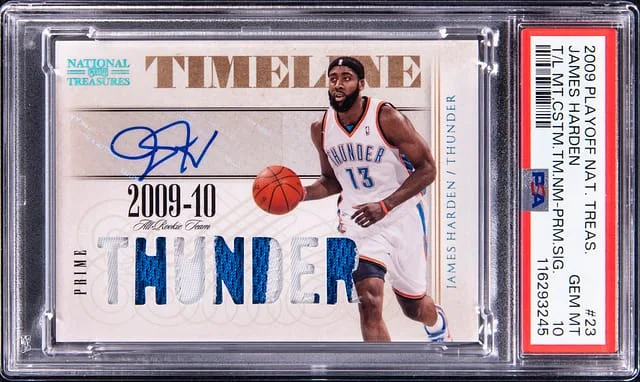 2009-10 Panini Playoff James Harden National Treasures Timeline Materials Custom Team Name Prime Signatures #23 card image