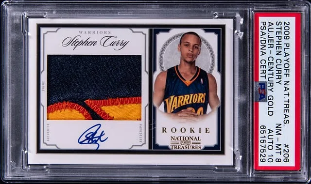 2009-10 Panini Playoff Stephen Curry National Treasures Patch Autograph (RPA) Century Gold #206 card image
