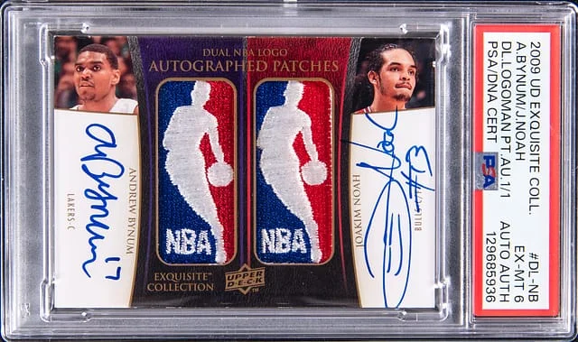 2009-10 Upper Deck Exquisite Collection Andrew Bynum/Joakim Noah Dual Logoman Patch Autograph #DL-NB card image