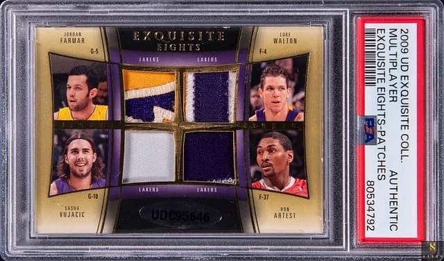 2009-10 Upper Deck Exquisite Collection Exquisite Eights Patches Bryant/Gasol/Odom/Bynum/Farmar/Walton/Vujacic/Artest Multi-Patch #no-number card image
