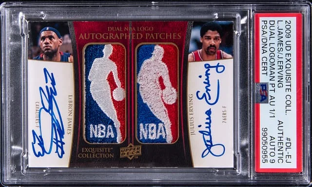 2009-10 Upper Deck Exquisite Collection LeBron James/Julius Erving Dual NBA Logo Autographed Patches #DL-EJ card image