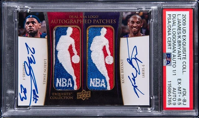 2009-10 Upper Deck Exquisite Collection LeBron James/Kobe Bryant Dual NBA Logo Autographed Patches #DL-BJ card image