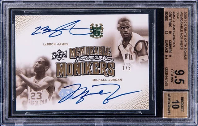 2009-10 Upper Deck Michael Jordan/LeBron James Greats of the Game Memorable Monikers Dual #MM-JJ card image