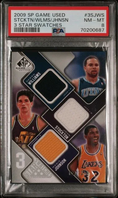 2009-10 Upper Deck SP Game Used Deron Williams/John Stockton/Magic Johnson 3 Star Swatches #3S-JWS card image