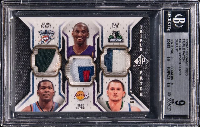 2009-10 Upper Deck SP Game Used Kevin Durant/Kobe Bryant/Kevin Love Triple Patch #TP-BDL card image