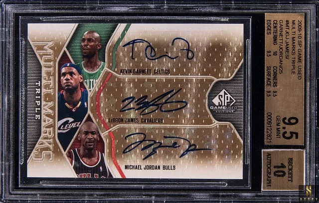 2009-10 Upper Deck SP Game Used Michael Jordan/LeBron James/Kevin Garnett Multi-Signed Multi Marks Triple #MT-JGJ card image
