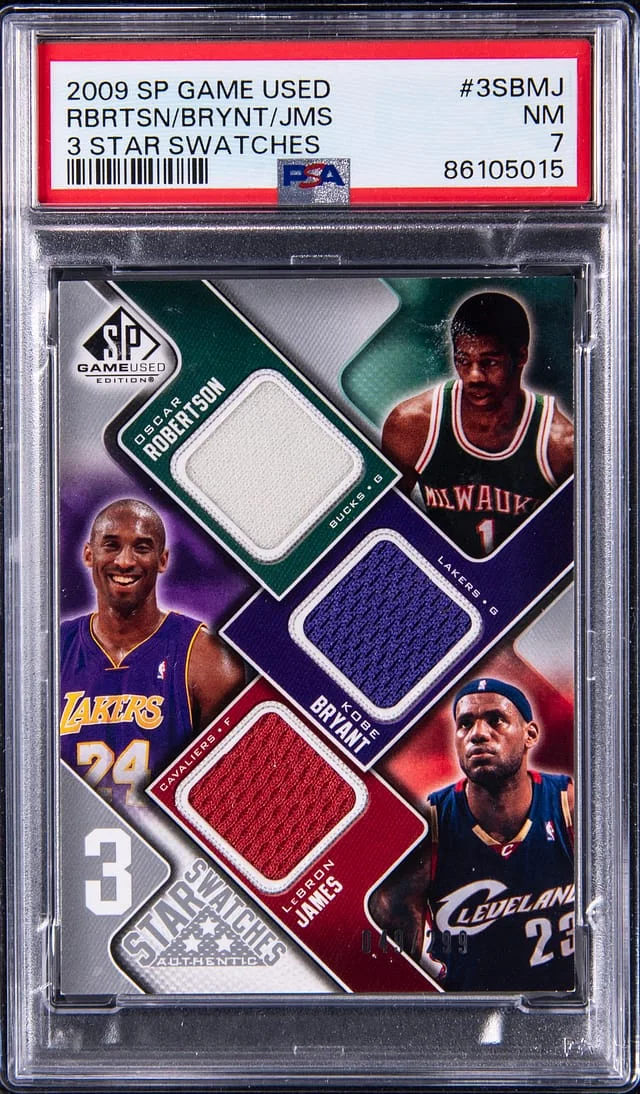 2009-10 Upper Deck SP Game Used Oscar Robertson/Kobe Bryant/LeBron James 3 Star Swatches #3S-BMJ card image