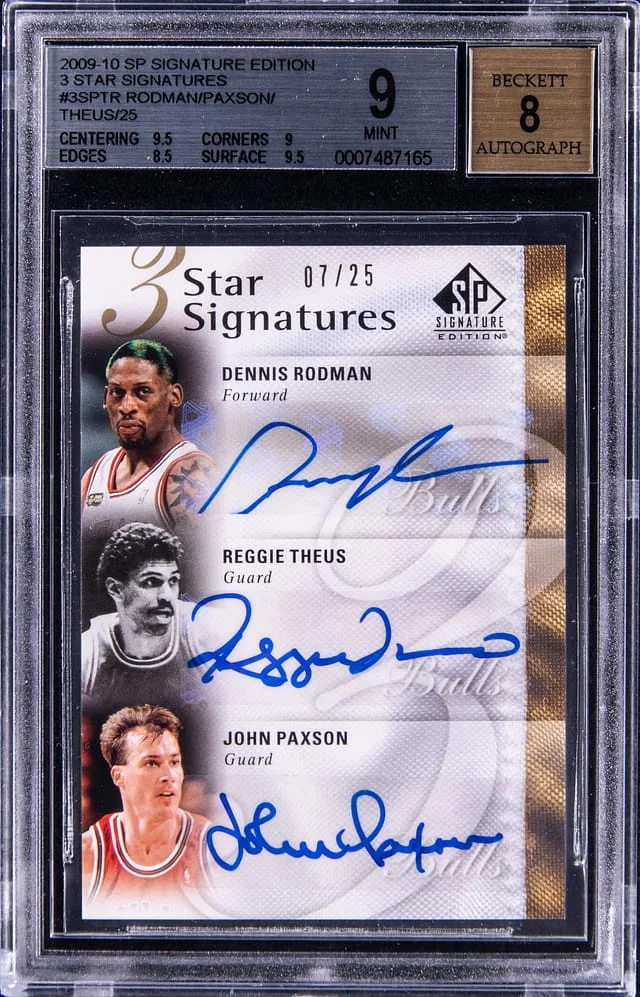 2009-10 Upper Deck SP Signature Edition Dennis Rodman/Reggie Theus/John Paxson Multi-Signed (3) 3 Star Signatures #3S-PTR card image