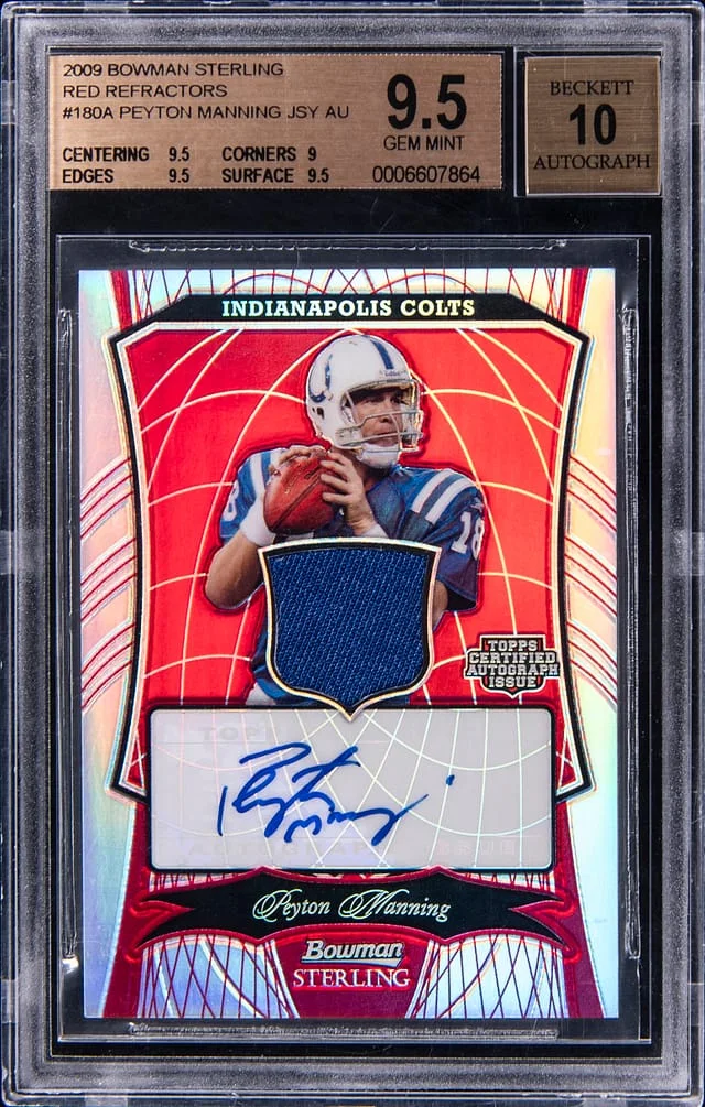 2009 Bowman Sterling Peyton Manning Jersey Autograph Red Refractor #180 card image