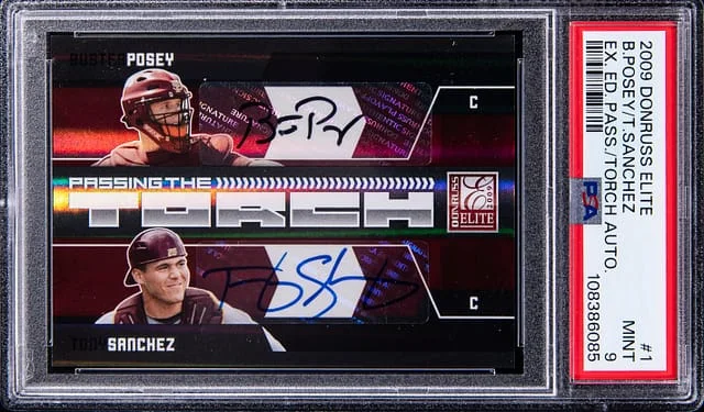 2009 Donruss Elite Extra Edition Buster Posey/Tony Sanchez Passing the Torch Autographs #1 card image
